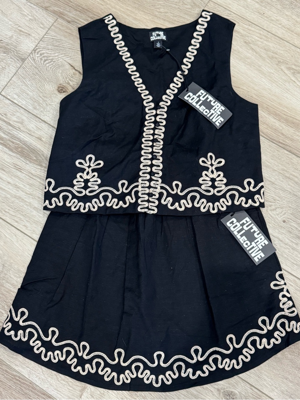 Future Collective Black Embroidered Skirt Set with Tank Style Button Top
